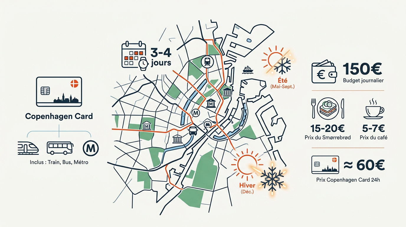 Vue du port de Copenhague avec ses façades colorées et ses vélos, illustrant le budget et les transports