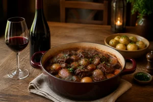 Boeuf bourguignon fumant et son vin rouge