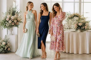 Trois femmes elegantes en robes de soiree
