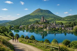 Village auvergnat au bord du lac