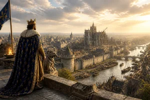 Roi medieval contemplant paris en construction