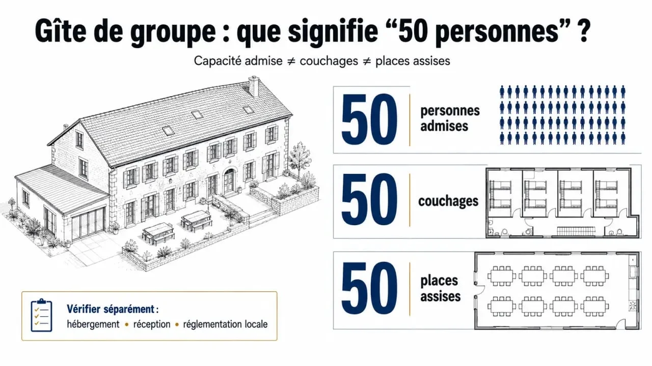 Gîtes 50 personnes : comparaison visuelle entre couchages, salle de réception et capacité d’accueil