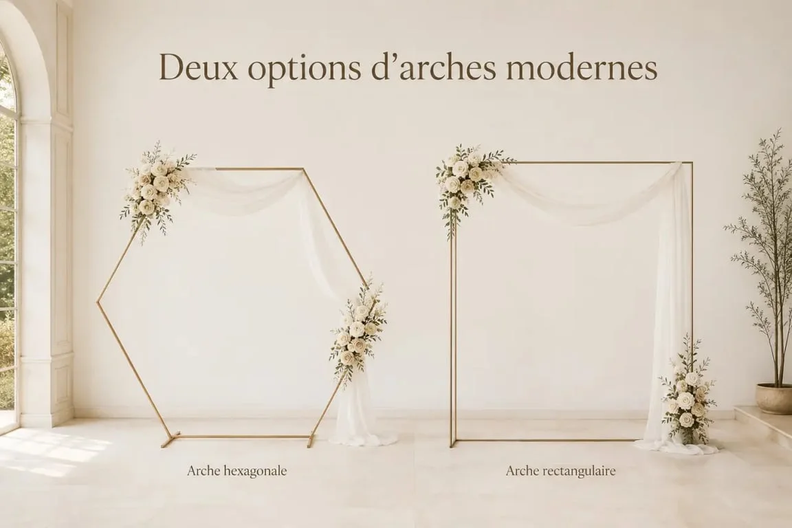 Arche mariage hexagonale et rectangulaire en salle pour décoration chic