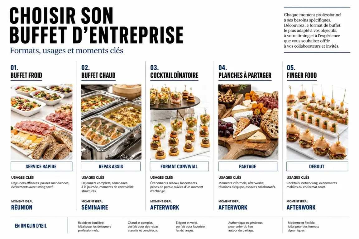 Buffet pour entreprise : comparaison visuelle des formats pour réunion, séminaire et cocktail